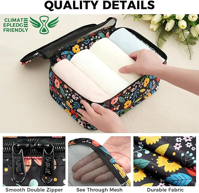 BAGAIL 9 Set Packing Cubes with Packing List Luggage Packing Organizers for Travel Accessories (Black floral)