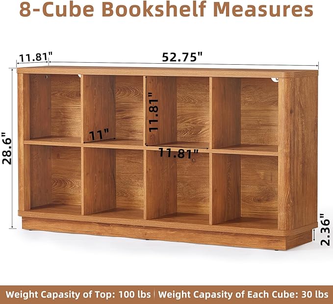 Joaxswe 8 Cube Storage Book Shelf, 52" Long Horizontal Bookshelf with Curved Edge, Floor Standing Wooden Cubby Bookcase with 