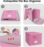 File Organizer Boxes with Lid, Linen Hanging File Storage Boxes with Handle, Collapsible Document Filling Boxes for Letter/Le