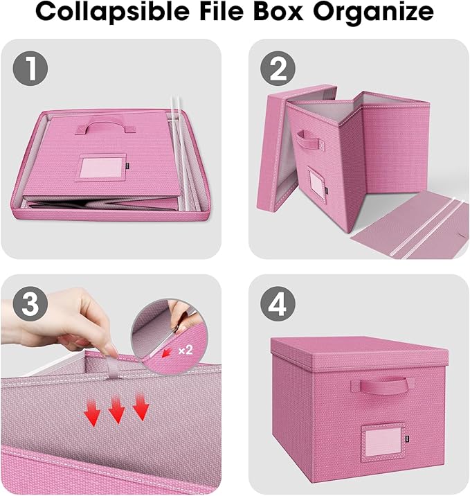 File Organizer Boxes with Lid, Linen Hanging File Storage Boxes with Handle, Collapsible Document Filling Boxes for Letter/Le