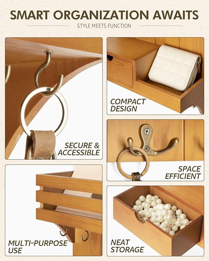 Rebee Vision Farmhouse Key Holder Wall Mount with Mini Drawer Organizer – Mail Organizer with 9 Key Hooks – Ideal Home Decor 
