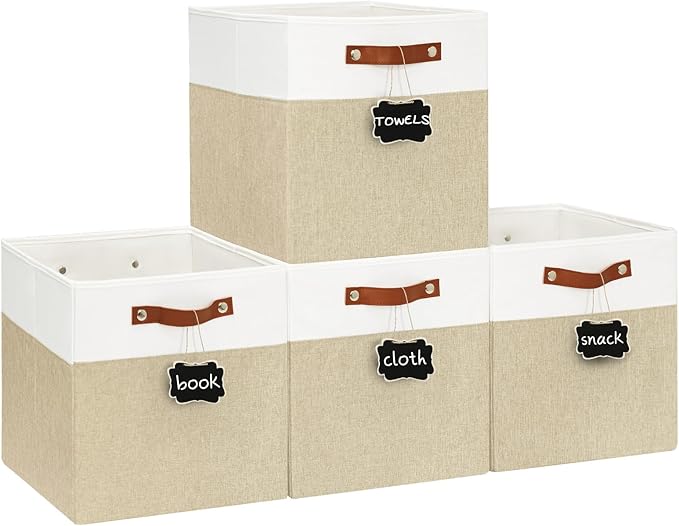 13x13 Storage Cubes 4-Pack, Large Foldable Fabric Cube Storage Bin with Reinforced Bottom and Labels, Organizer Baskets for S