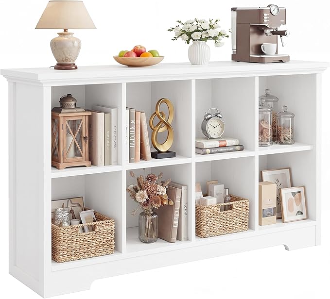Aheaplus Wooden 8-Cube Storage Organizer with Charging Ports, Modern Cube Bookcase with Base, 3-Tier Floor Standing Open Cubb