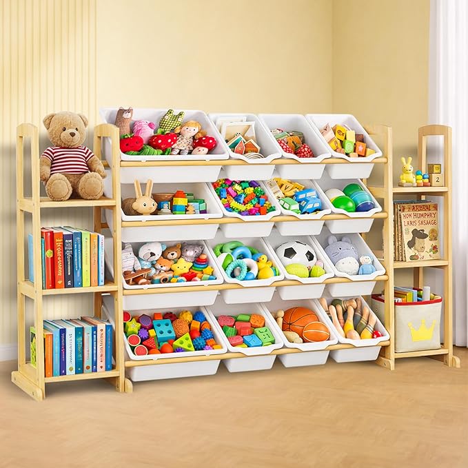 Kids Toy Storage Organizer with Bookshelf – Wooden Shelf with 16 Bins & 6 Shelves, Quick Assembly Storage Rack for Playroom, 