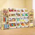 Kids Toy Storage Organizer with Bookshelf – Wooden Shelf with 16 Bins & 6 Shelves, Quick Assembly Storage Rack for Playroom, 