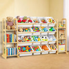 Kids Toy Storage Organizer with Bookshelf – Wooden Shelf with 16 Bins & 6 Shelves, Quick Assembly Storage Rack for Playroom, 