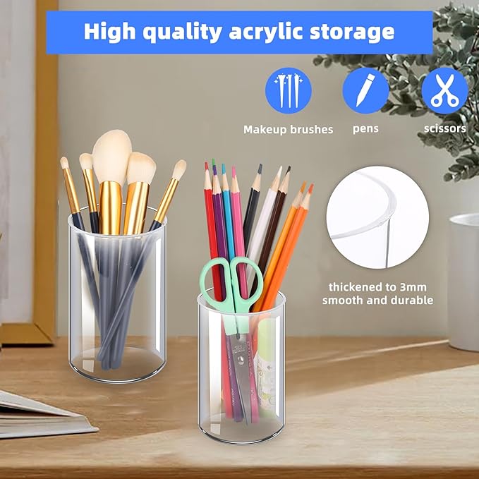 Acrylic Pen Holder 4 Pack, Acrylic makeup brush holder, Clear Pen Cup, Acrylic Cylinder Perfect for Desk organizer, Cylinder