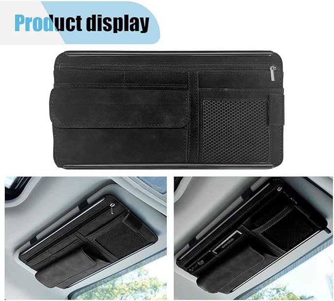 Suede Car Sun Visor Organizer with Multi-Pocket Net Zipper, Glasses Case, Sunglass Holder for Interior Accessories (Black)