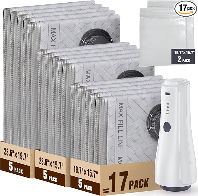 QcoQce Vacuum Storage Bags with Rechargeable Electric Pump, Space Saver Bags for Travel, Vacuum Seal Bags for Clothing, Beddi