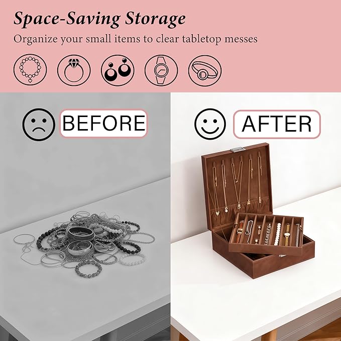 BEWISHOME Jewelry Boxes for Women, 2-Layer Necklace Organizer Box, Modern Style Jewelry Organizers and Storage with Removable