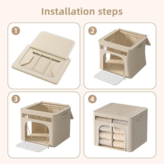 FHSQX 6 Pack Foldable Storage Bins for Clothes Clothes Storage Bins with Metal Frame Stackable Storage Box with Lid (Beige, 1