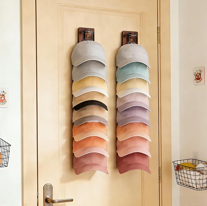 2 Pack Hat Organizer for Baseball Caps, Wood & Metal Hat Rack for Wall, Hat Storage for 22 Caps with Strong Adhesive/Wall Dri