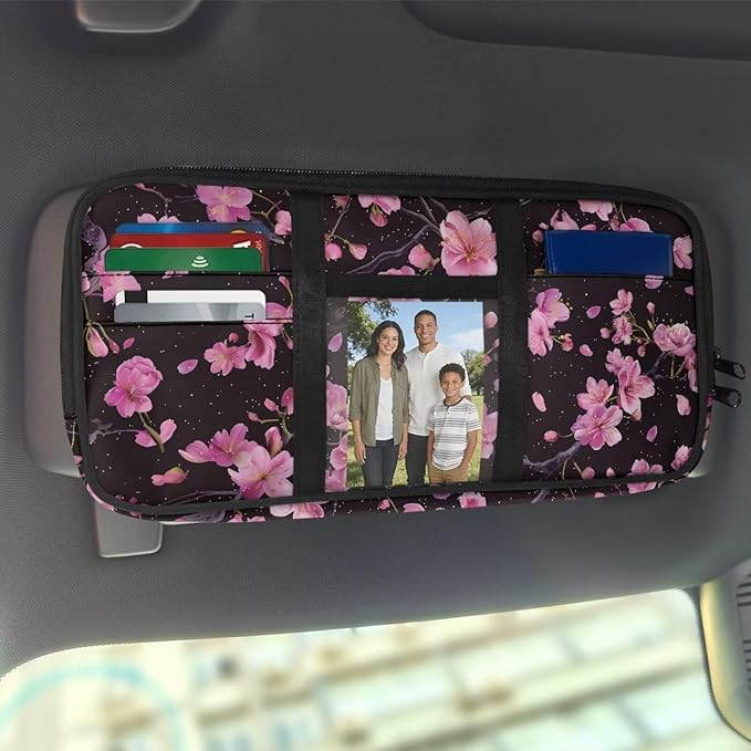 Cherry Blossom Car Visor Organizer for Women Car Visor Storage Pouch Holder Auto Interior Accessories Pocket Cars Truck SUV Storage Pouch Holder, with Multi-Pocket and Zipper