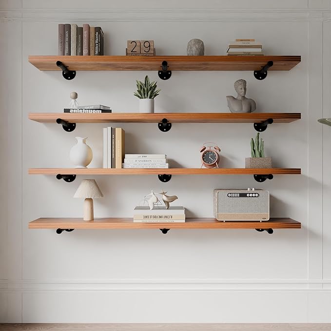 Industrial Pipe Wall Wood Shelves,Real Wooden Shelves 48" in Walnut Color with 1.2" Extra Thickness, Modern Floating Shevles