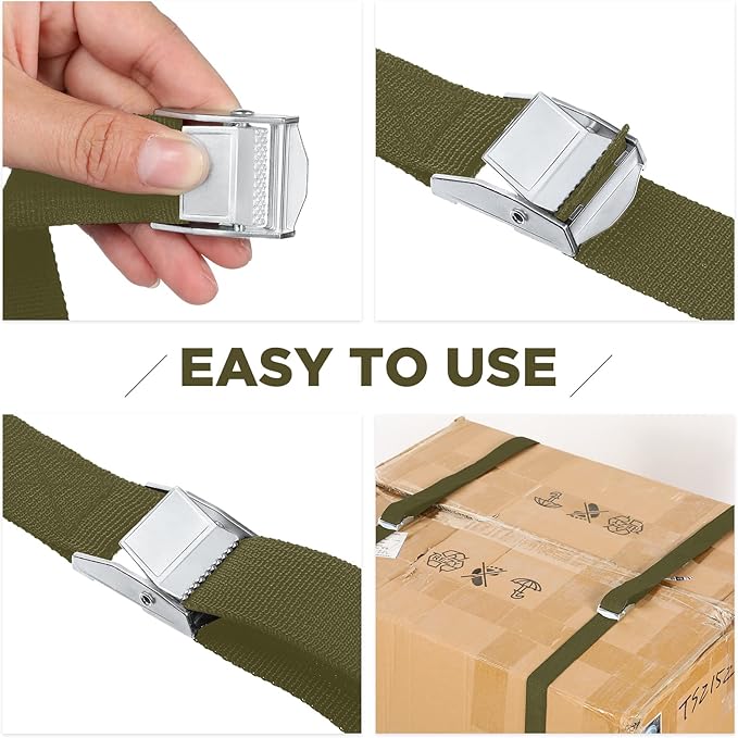 Riakrum 15 Pack 16 Feet Lashing Straps Adjustable Kayaks Tie Down Cam Buckle Straps with Buckles up to 250lbs for Cargo, Luggage, Motorcycles, Truck, Car Roof Rack, Sup Surfboard(Army Green)