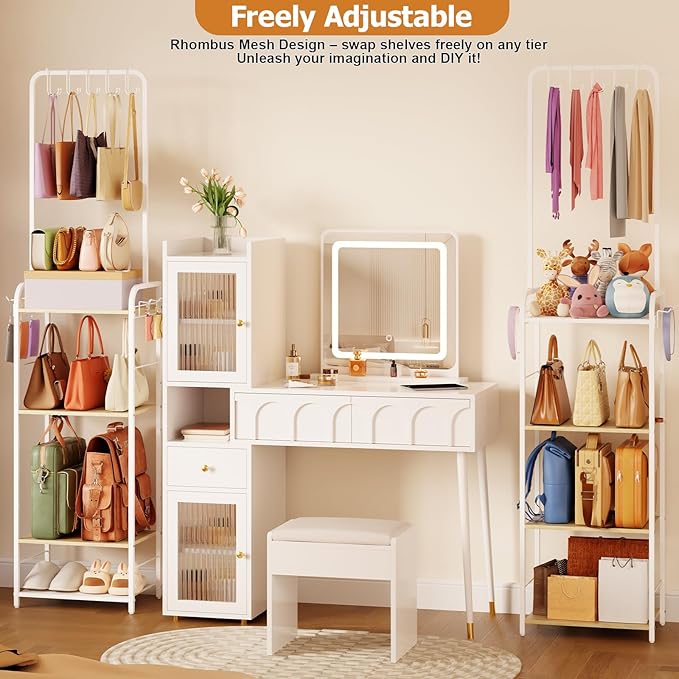 Tall Purse Organizer Stand with 3-Tier Thick Wood + 1-Tier High-Density Mesh, Adjustable Interchangeable, Slim Narrow Freesta