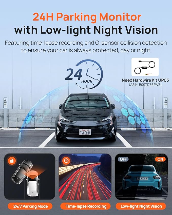 70mai Dash Cam Front and Rear - 2.5K+1080P Dual Dash Camera with HDR, Super Night Vision, F1.55 Aperture, 24H Parking Mode, B