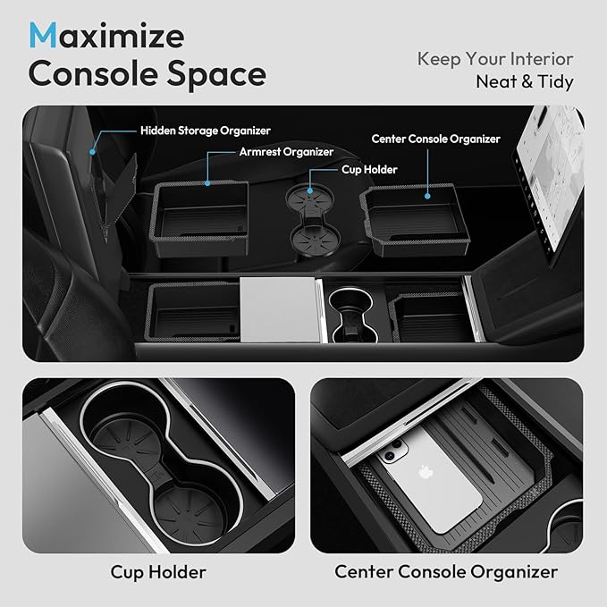 Tesla Model Y Juniper 2025 2026 & Model 3 Highland 2024 2026 Center Console Organizer Tray [Slide Smoothly + Easy Installation] Cup Holder for Tesla Model Y Juniper Accessories