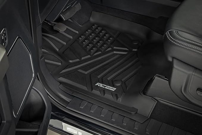 Rough Country Flex-Fit Front Floor Mats for Ford F-250/F-350 Super Duty (2017-2025) Crew Cab - Custom All-Weather Non-Slip TPE Liners w/Spill Saver Lip