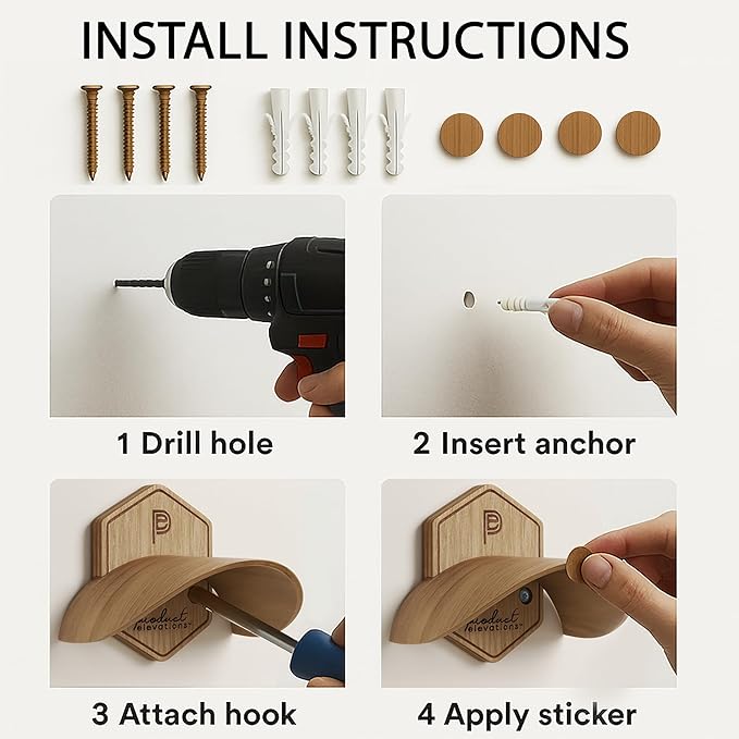 Hat Hooks for Wall Set of 2 – Cowboy Hat Hanger for Fedoras, Caps & Wide Brim Hats – Wooden Curved Rack Preserve Hat Shape – 
