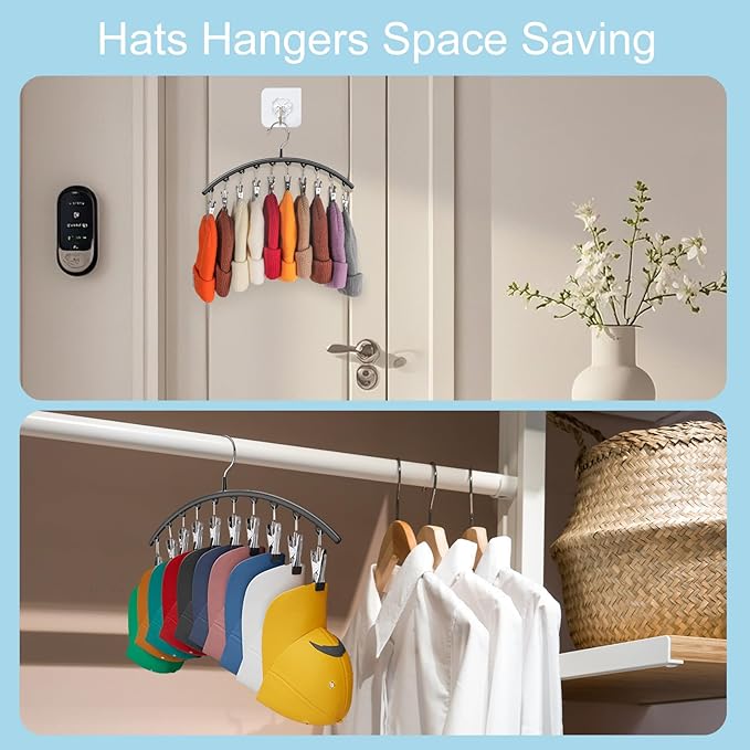 Hat Hangers for Closet, Metal 1 Pack Hat Organizer Holder for Hanger Closet Display, Hat Racks for Baseball Caps w/10 Clips, 