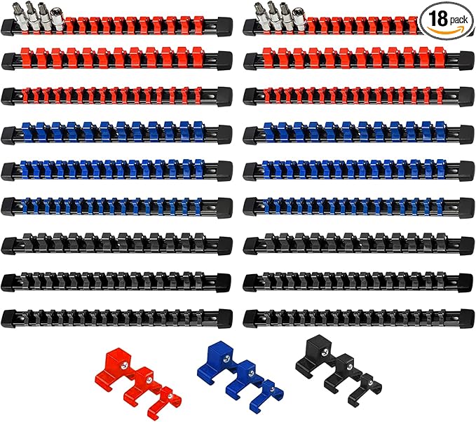AMM 18-Piece Socket Organizer, 1/2 inch, 3/8 inch and 1/4 inch Drive ABS Tools-Socket Holder,Heavy Duty Socket Racks, Premium