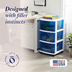 HOMZ Drawer Tower, 3-Tier Clear Blue Plastic Storage Organizer Cart, White Frame - Rolling Drawer Containers with Wheels for 