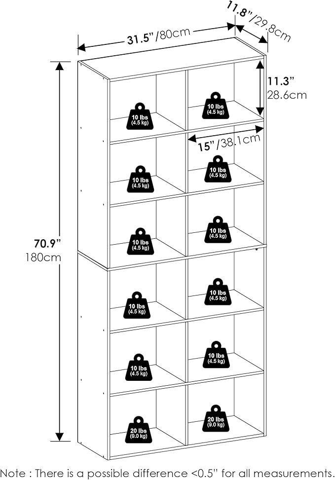 Furinno Basic Book Shelf, 12-Cube Bookshelf, Bookcase with Open Shelf, Cube Storage Organizer, 12 x 32 x 71, for Living Room,