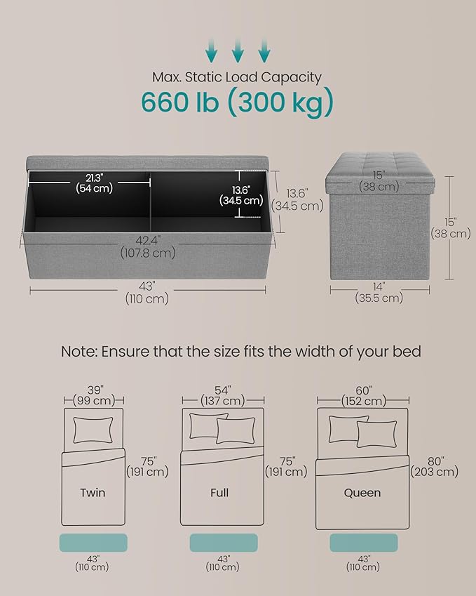 SONGMICS MAZIE Collection - 43 Inches Folding Storage Ottoman Bench, Ottoman Foot Rest, End of Bed Bench, Storage Chest, Load
