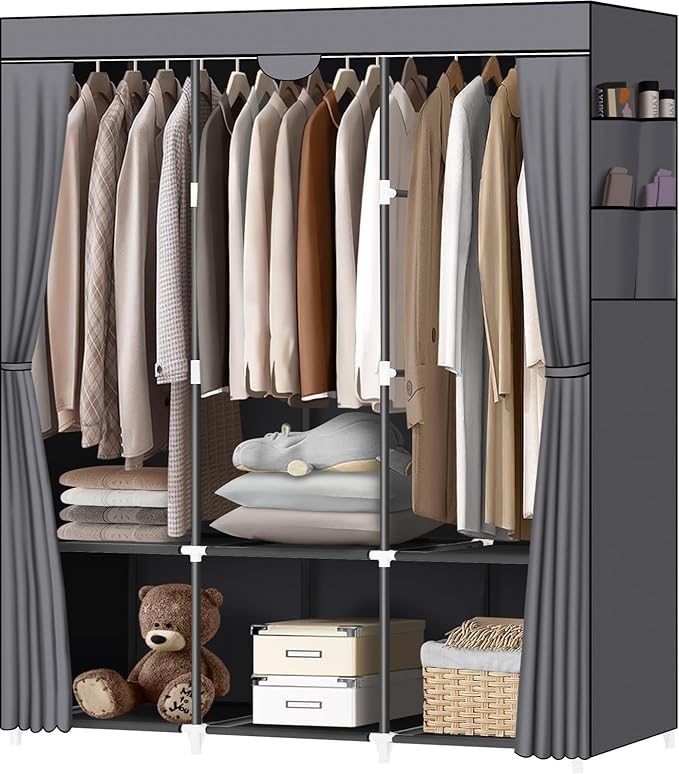 LOKEME Portable Closet, Wardrobe Closet with 3 Hanging Rods and 6 Storage Shelves and 4 Side Pockets, Gray Portable Closets f