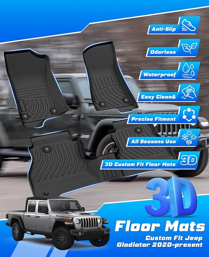 Sunsdrew Floor Mats for Jeep Gladiator 2020-2025 2026, All Weather TPE Rubber Floor Liners for Gladiator Accessories,1st&2nd Row Full Set Car Mats Raised Edge