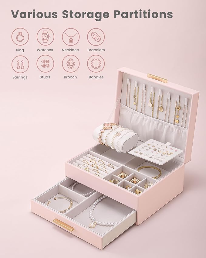 Lolalet 2-Layer Jewelry Box Organizer for Women Girls, Jewelry Storage Case Holder with Drawers for Necklaces Ring Earrings B