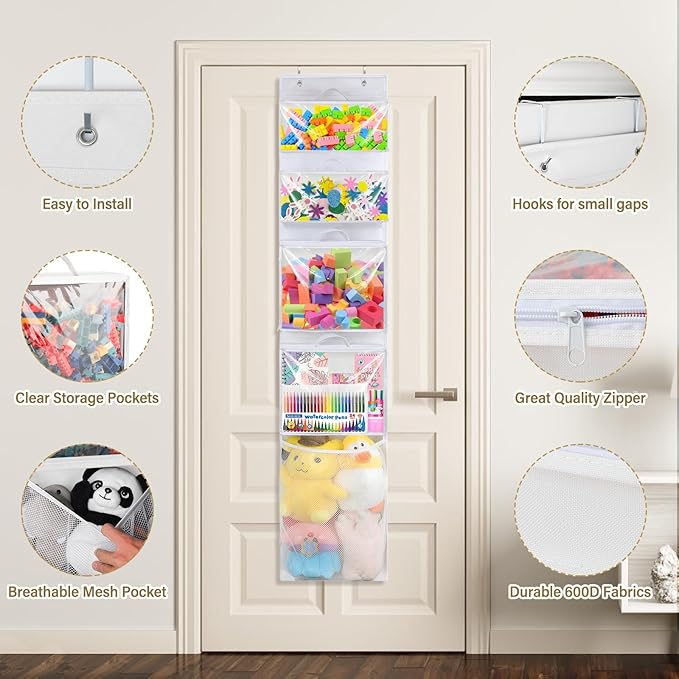 Woodoulogy Hanging Toy Storage over Door, Block Stuffed Animal Organizer Idea with 4 Removable Case Bag, Bi-Fold Closet Holde