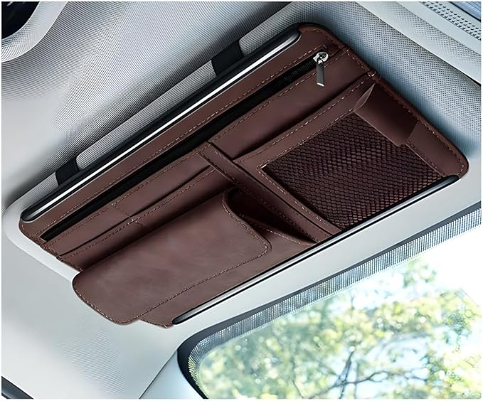 Car Sun Visor Organizer, Soft Leather Surface Eyeglasses Note Card Holder Car Storage Bag, Scratch-Resistant Waterproof Auto Sunshade Organizer Bag, Car Accessories (Brown)