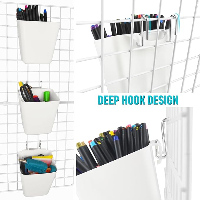G.CORE Large Grid Wall Bins - 6Pack White Gridwall Accessories Hanging Cups with Back Hooks - Plastic Grid Wall Panels Organi