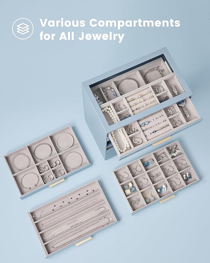Lolalet Jewelry Box Organizer, 8-Layer Jewelry Organizers and Storage Case with Glass Lid, Ring Earring Bracelet Necklace Hol