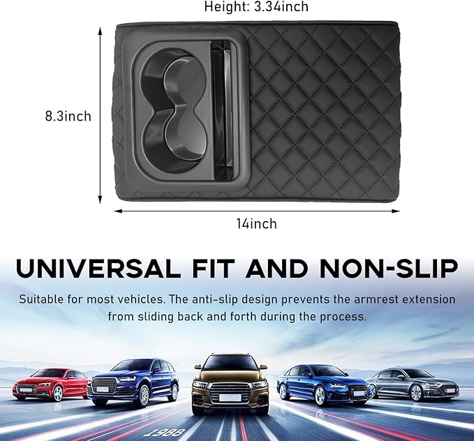 Car Center Console Armrest Pillow, 14"×8.3" Memory Foam Auto Armrest Box Cover with Cup Holder & Phone Holder, Waterproof Leather Arm Rest Protector Cushion, Car Accessories (Diamond Pattern)