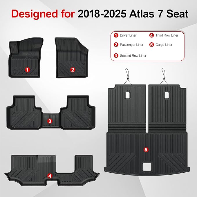 Floor Mats for 2018-2025 2026 Volkswagen Atlas 7 Passenger Bench Seating (Not for Cross Sport), All Weather TPE Durable Cargo Mat with Backrest Mats for VW Atlas Accessories