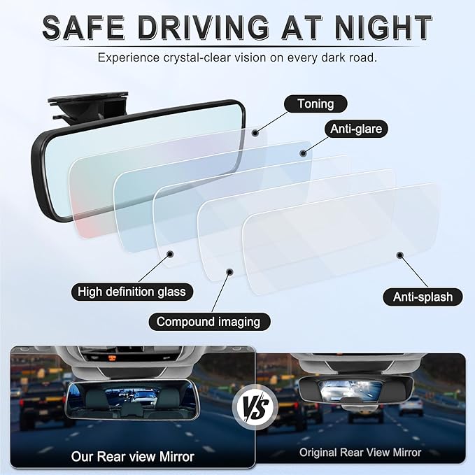 LivTee Rear View Mirror, Universal 9.5' (241mm) Wide Angle Panoramic Convex Rearview Mirror with Strong Suction Cup, Mounts on Windshield to Reduce Blind Spots for Cars SUV Trucks