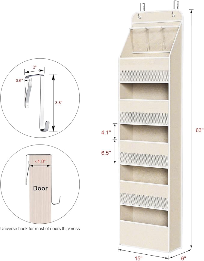 Univivi 6-Shelf Over Door Hanging Organizer Fabric Baby Door Storage with 5 Extra Large Capacity Pockets Behind the Door Hang
