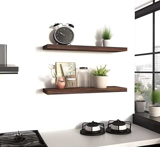 PHPH 24 Inch Wood Floating Shelves for Wall, Wooden Wall Shelves for Bedroom, Set of 4 Brown