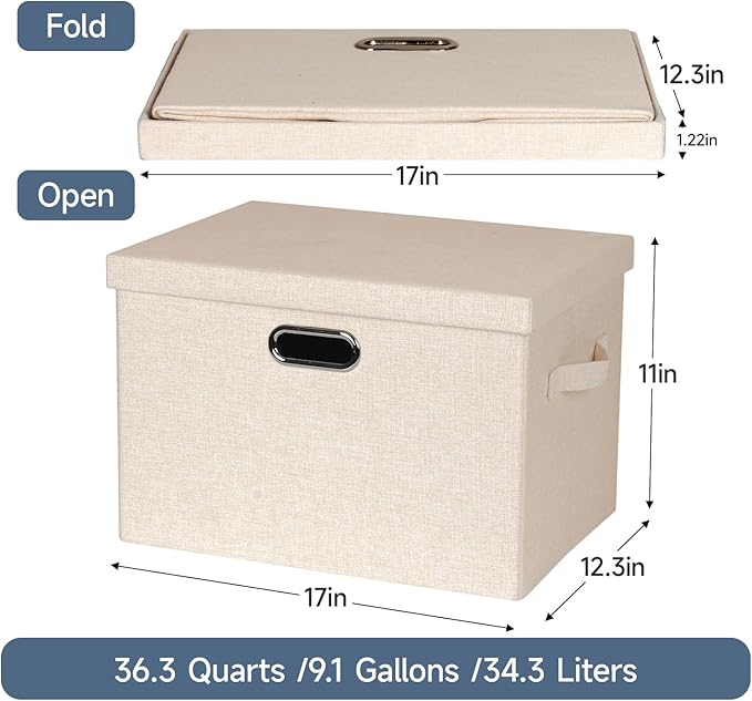 Graciadeco Large 17" 36 Quart Collapsible Stackable Storage Bins with Lids, 3 Packs Light Orange Linen Fabric Closet Boxes wi