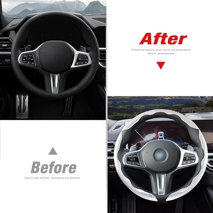 Car Steering Wheel Cover Set Bright Carbon Fiber Wrap Non-Slip 3pcs Steering Wheel Accessories 14.5-15 inch Universal (White)