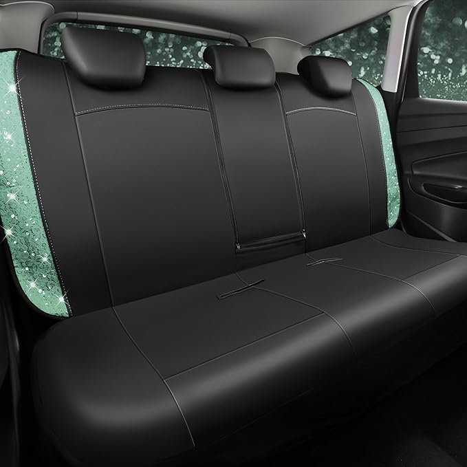 CAR PASS Universal Mint Leather Lace Car Seat Covers Full Set for Women Girls, Waterproof Car Floor Mats Carpet, Glitter Stee