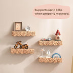 4 Pack Nursery Book Shelves, Scalloped Water Hyacinth Book Shelf for Kids Rooms, Handwoven Floating Book Shelves for Wall, 15