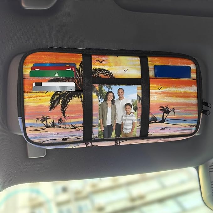 Sunset Palm Trees Car Sun Visor Organizer Anti Slip Car Sun Visor Storage Bag Easy to Store Cars Accessories Keep Tidy Universal for SUV Truck Van