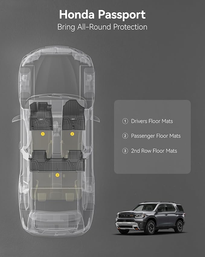 3W Floor Mats for Honda Passport 2026, All Weather TPE Custom Fit Passport Floor Liner 1st & 2nd Row, Cover Protector for 2026 Honda Passport Accessories, Black