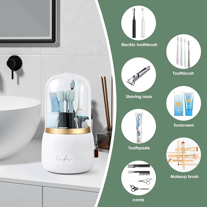Toothbrush Holders for Bathrooms,Rotating 5-Slot with Cover and Draining Water,Kids Electric Toothbrush Holder and Toothpaste