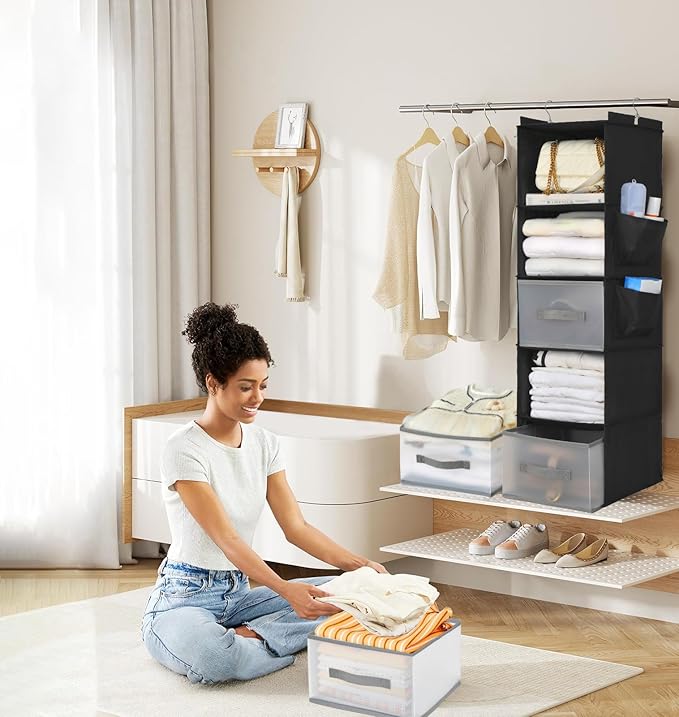 5-layer suspended fabric shelf organizer, equipped with 2 sturdy hooks, 2 separate drawers, and foldable hanging storage (bla