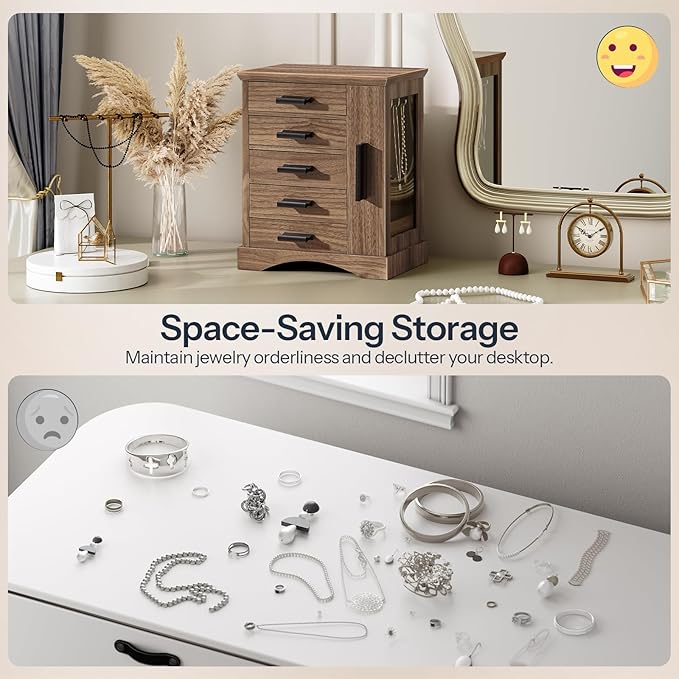 HOOBRO Jewelry Box for Women, Jewelry Organizer with Arc-Shaped Bottom, Wooden Jewelry Box, Side Transparent Window, Vertical